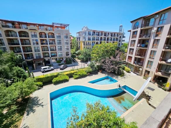 Modern apartment with pool view, sunny balcony, in Sunny Beach.