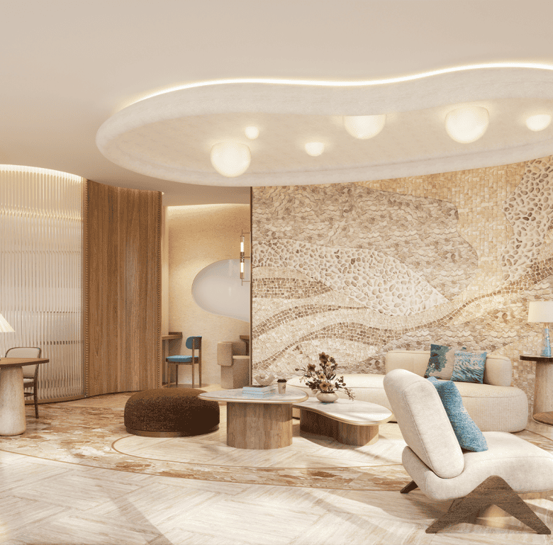 Luxury Phuket living room with elegant decor and ambient lighting near Surin Beach.