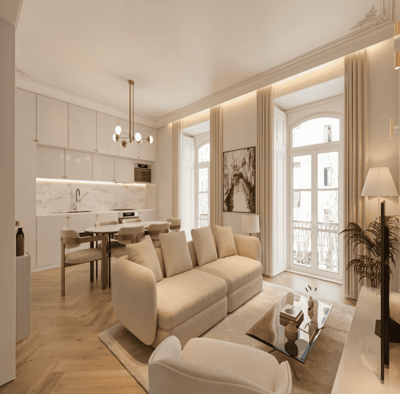 Elegant Lisbon apartment living room with modern decor and large windows.