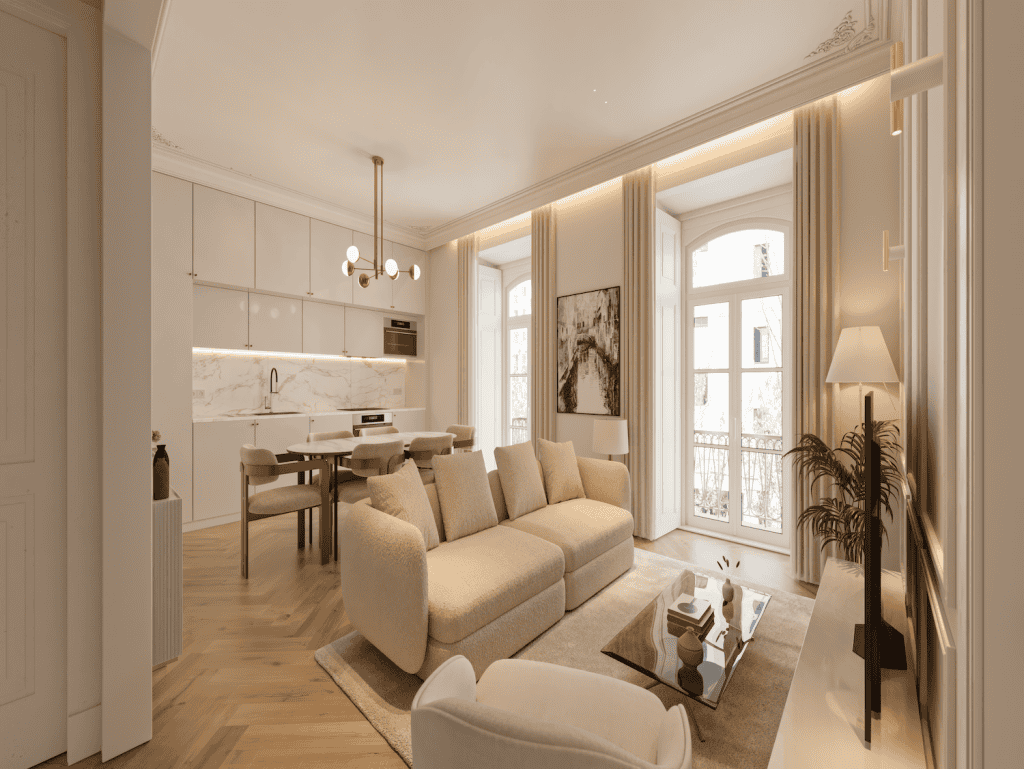 Elegant Lisbon apartment living room with modern decor and large windows.
