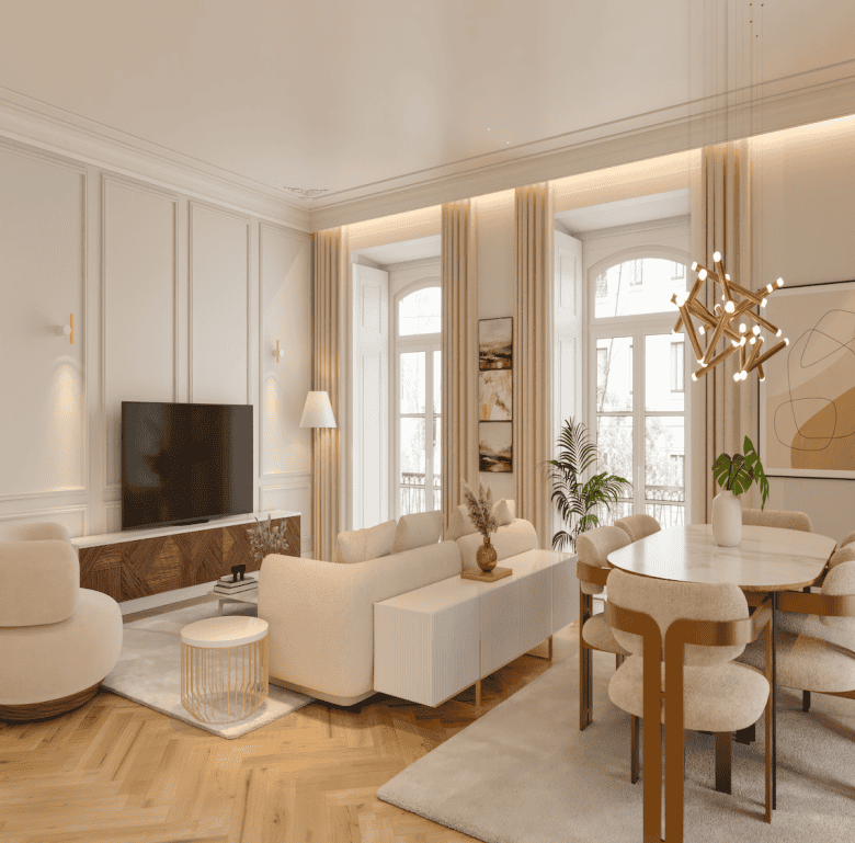 Elegant Lisbon apartment living room with modern decor and large windows.