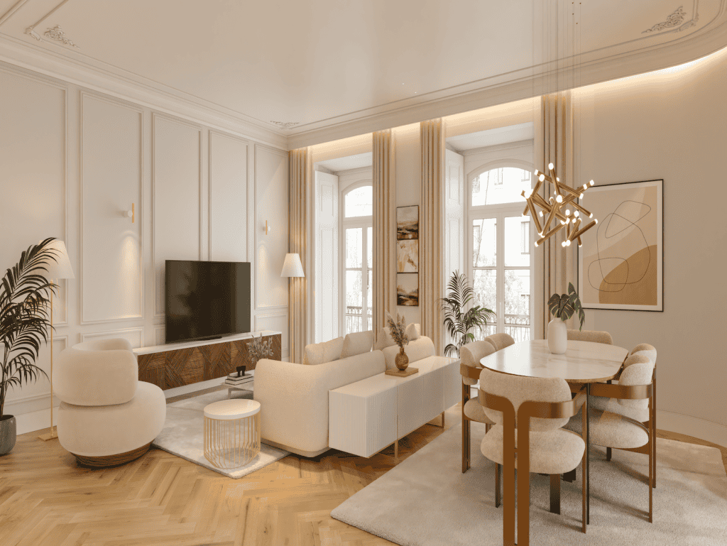 Elegant Lisbon apartment living room with modern decor and large windows.