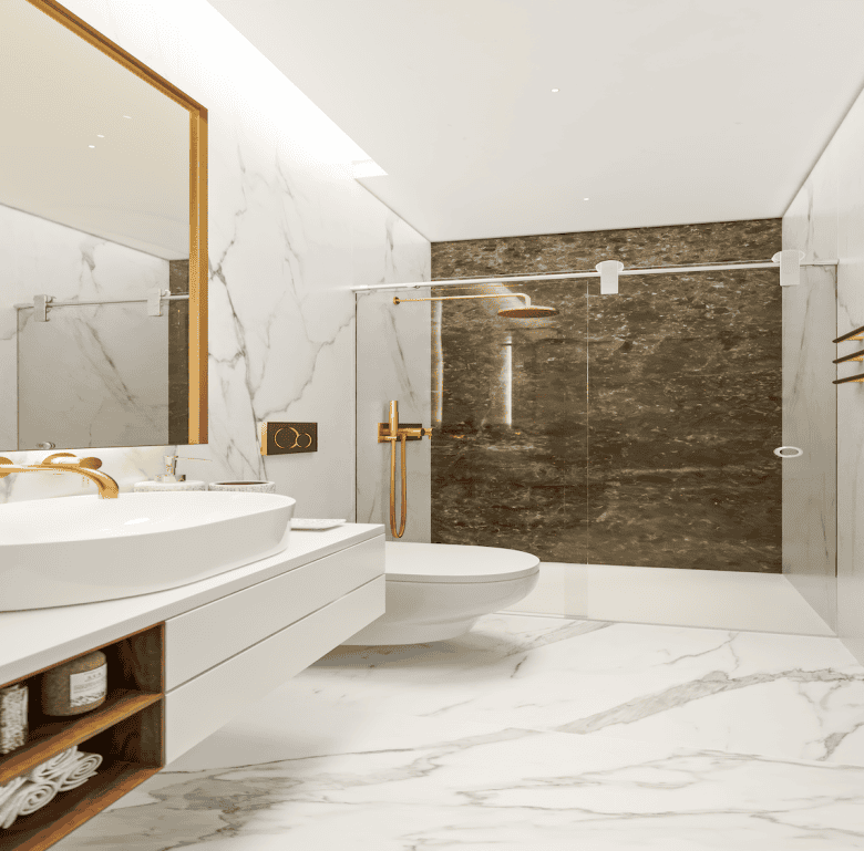 Luxurious bathroom with marble walls and floors in Renaissance 1890 Lisbon property.