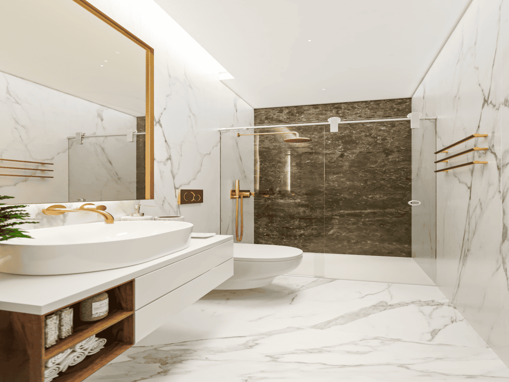 Luxurious bathroom with marble walls and floors in Renaissance 1890 Lisbon property.