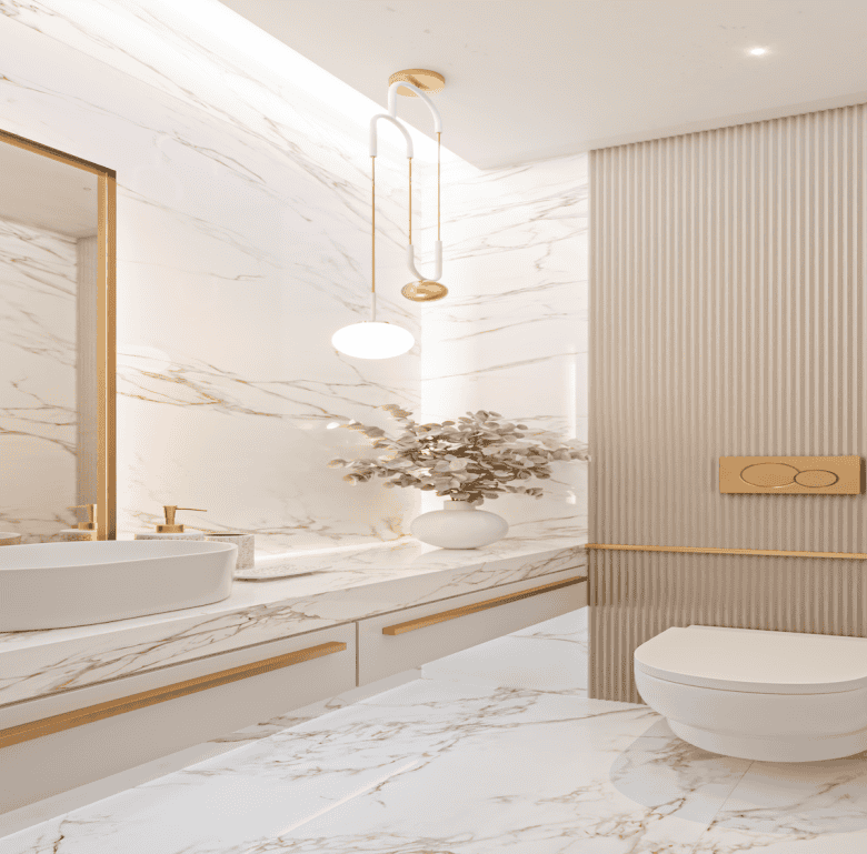 Luxurious bathroom featuring marble surfaces and modern fixtures in Lisbon, Portugal.