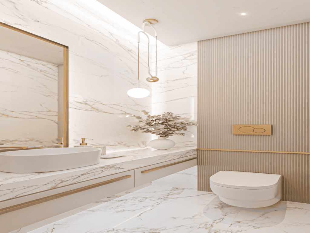 Luxurious bathroom featuring marble surfaces and modern fixtures in Lisbon, Portugal.