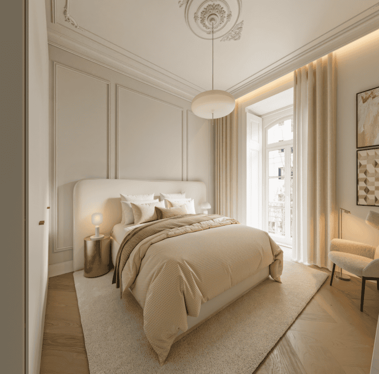 Elegant bedroom in Renaissance 1890 Lisbon property for sale.