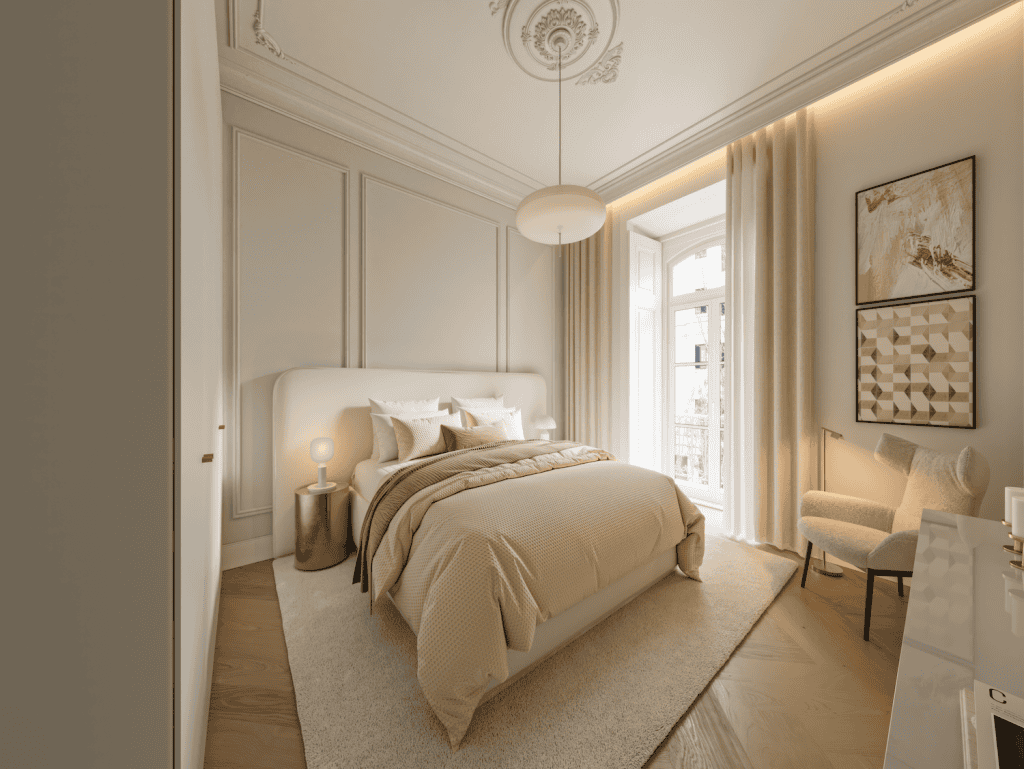 Elegant bedroom in Renaissance 1890 Lisbon property for sale.