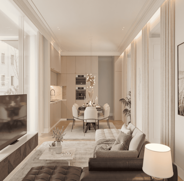 Bright Lisbon apartment living room with contemporary furniture and elegant design.