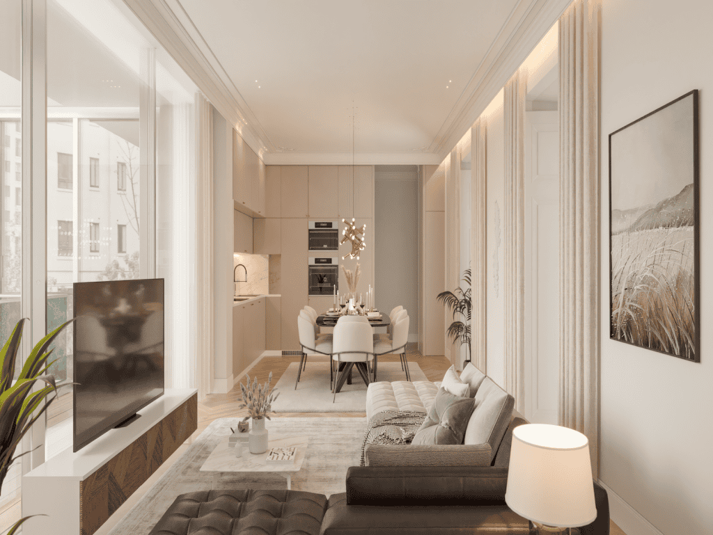 Bright Lisbon apartment living room with contemporary furniture and elegant design.