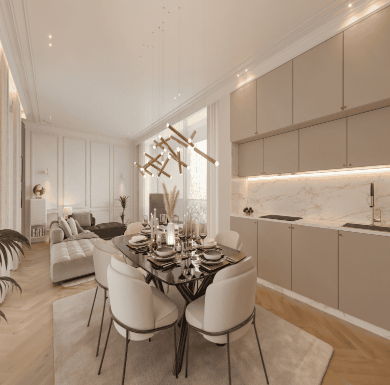 Stylish Lisbon apartment with contemporary decor, dining table, and cozy living space.