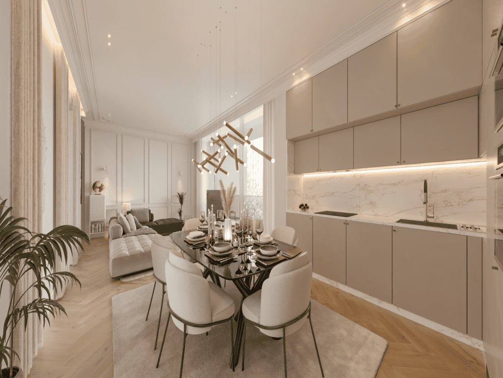 Stylish Lisbon apartment with contemporary decor, dining table, and cozy living space.