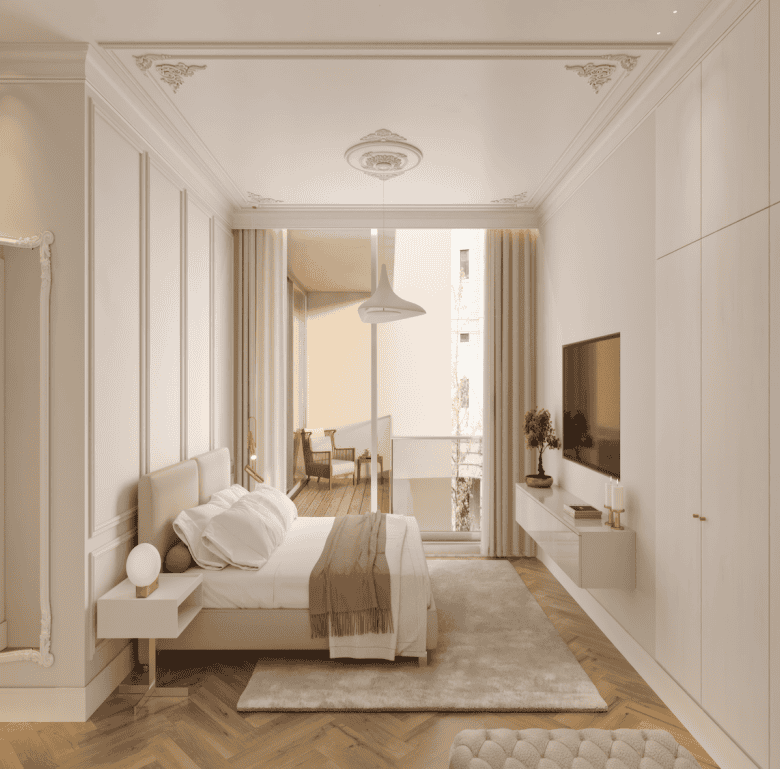 Elegant bedroom in Renaissance 1890 Lisbon apartment with classic decor and large windows.
