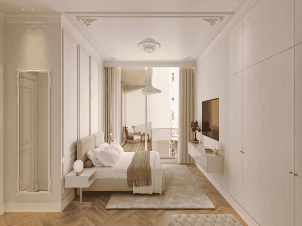 Elegant bedroom in Renaissance 1890 Lisbon apartment with classic decor and large windows.