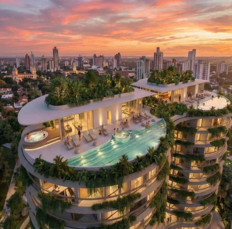 Luxury residential tower with rooftop pool and lush greenery in Ciudad del Este.