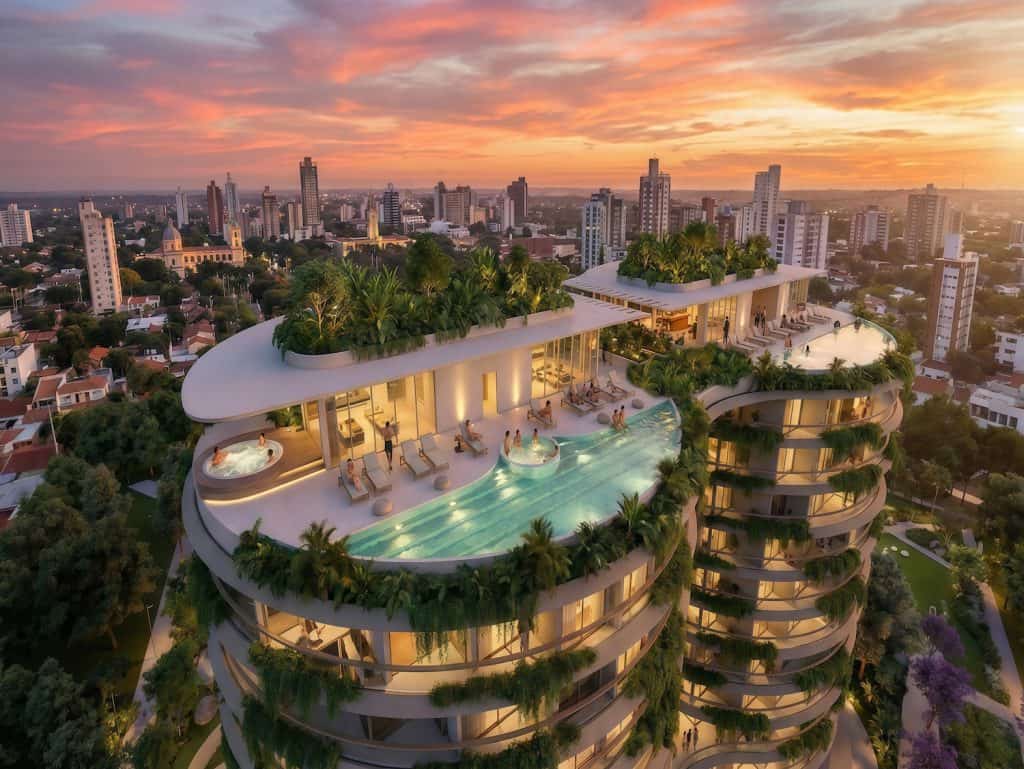 Luxury residential tower with rooftop pool and lush greenery in Ciudad del Este.