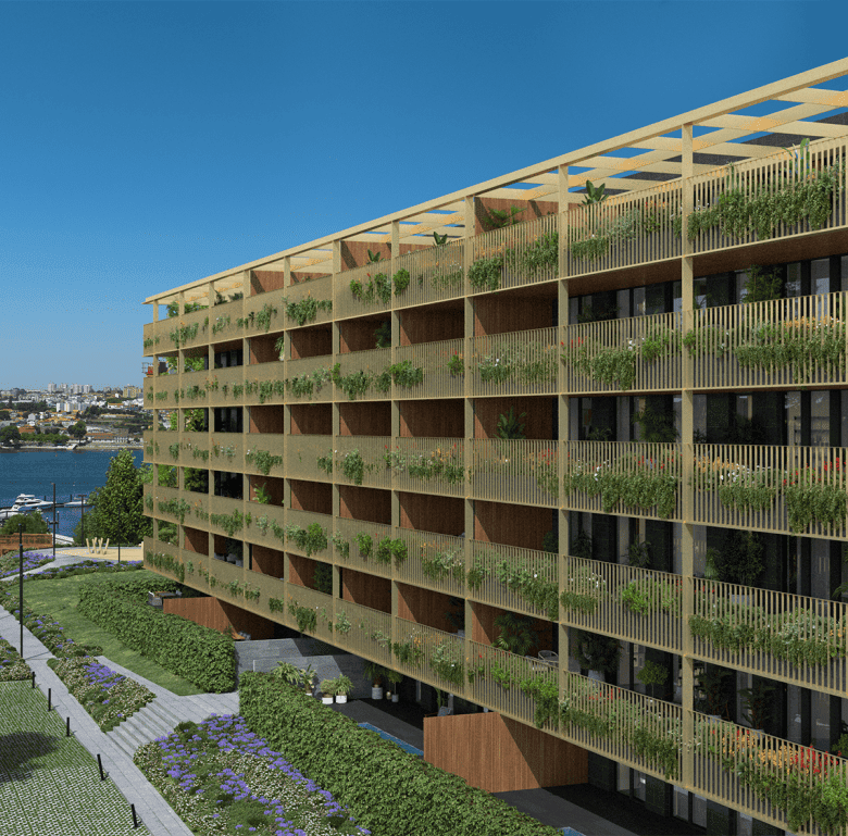 Modern Porto Marina Douro residential building with lush green terraces.
