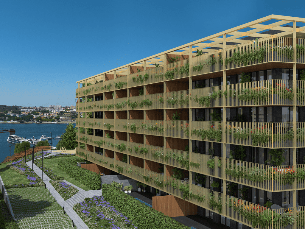 Modern Porto Marina Douro residential building with lush green terraces.