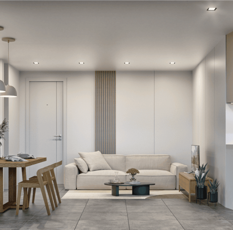 Modern living room in Koukaki, Athens, Greece with minimalist decor and contemporary furniture.