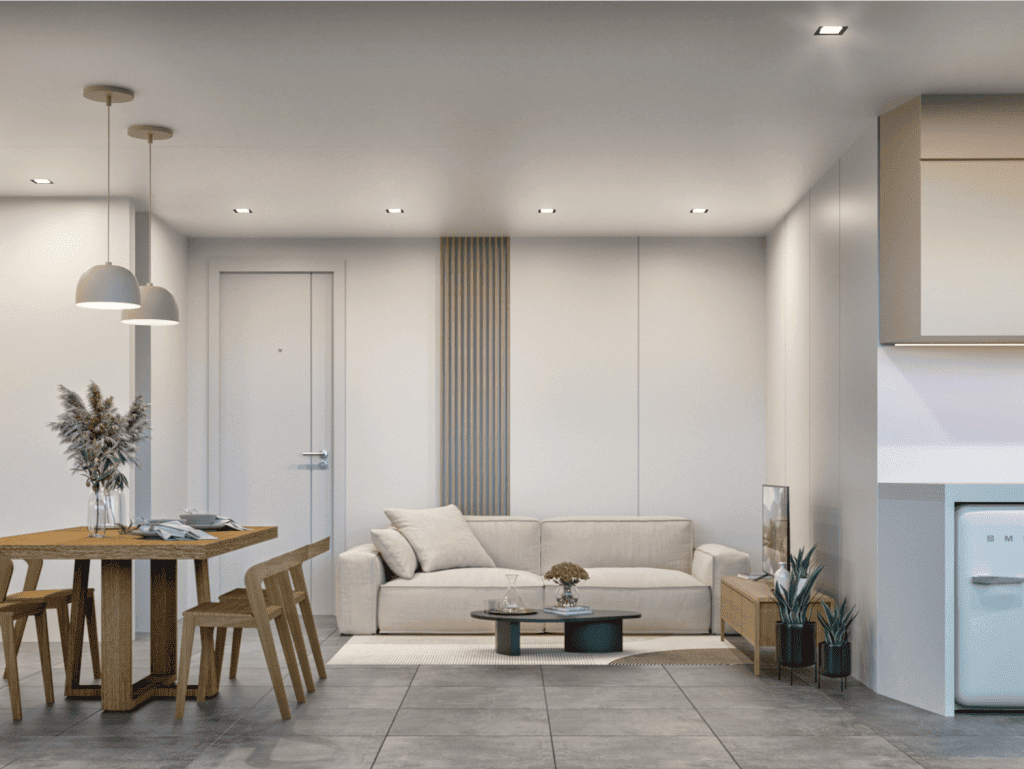 Modern living room in Koukaki, Athens, Greece with minimalist decor and contemporary furniture.