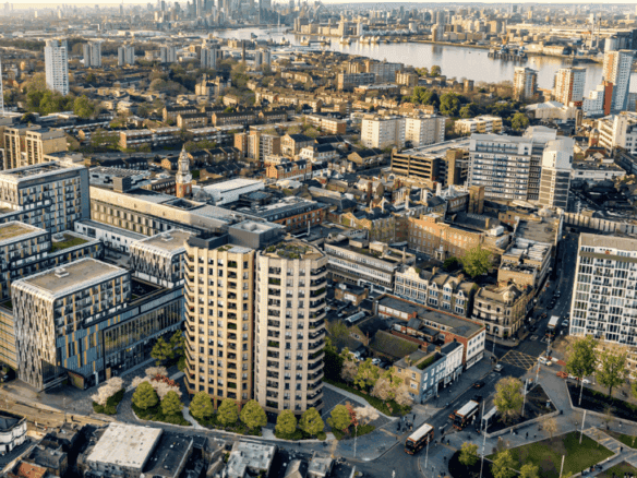 Modern Woolwich Tower in London skyline.