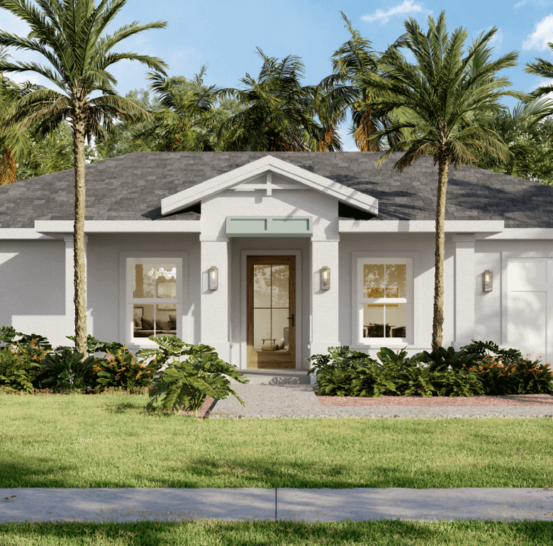 Beautiful single-story Florida home surrounded by palm trees and lush landscaping.