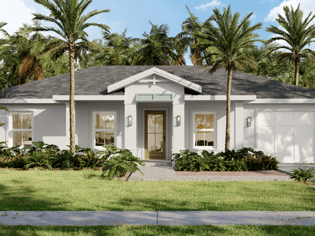 Beautiful single-story Florida home surrounded by palm trees and lush landscaping.