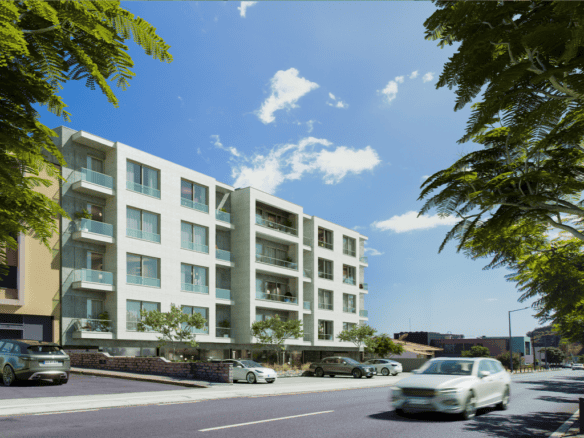 Apartment building with contemporary design and balconies in Ribeira Brava, Madeira.