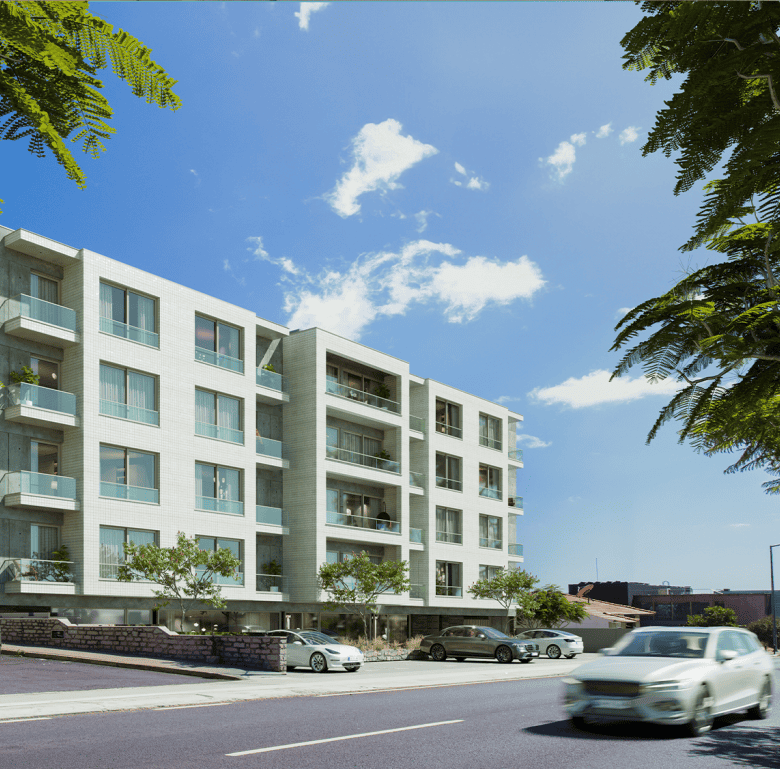 Apartment building with contemporary design and balconies in Ribeira Brava, Madeira.