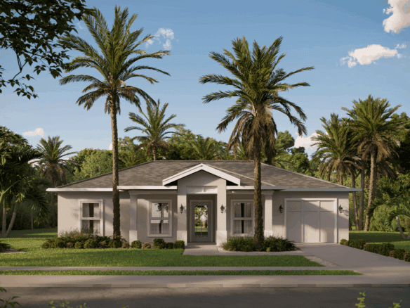 Beautiful single-story house with palm trees in Florida, USA.