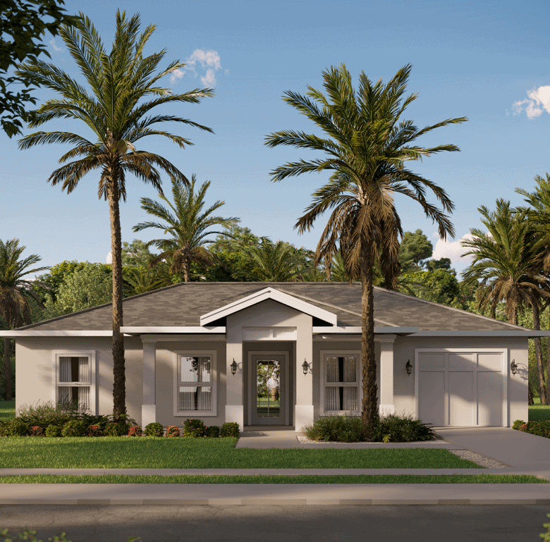 Beautiful single-story house with palm trees in Florida, USA.