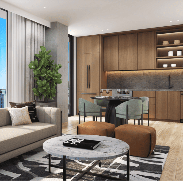 Modern living room with open kitchen in Fort Lauderdale, USA.