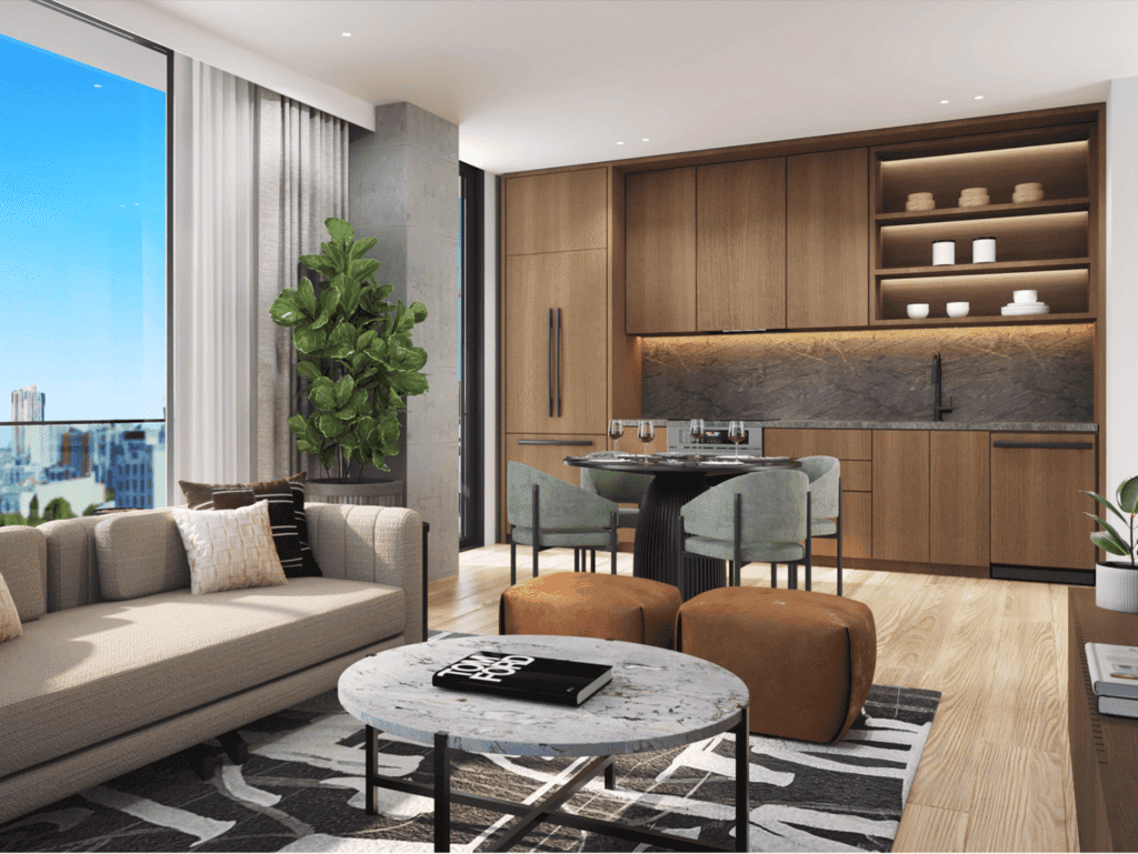 Modern living room with open kitchen in Fort Lauderdale, USA.