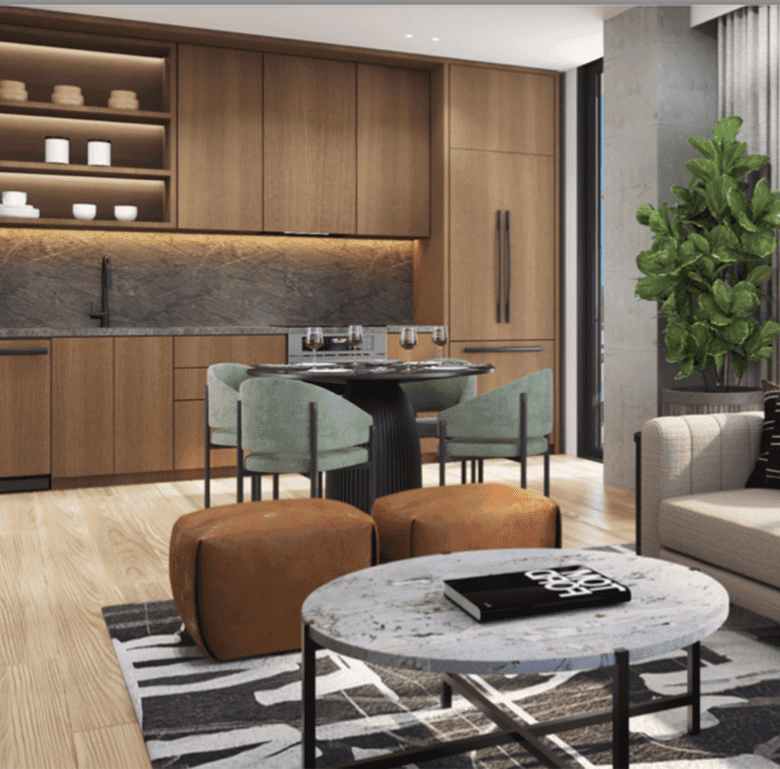 Contemporary Fort Lauderdale interior with open-plan kitchen and comfortable lounge space.