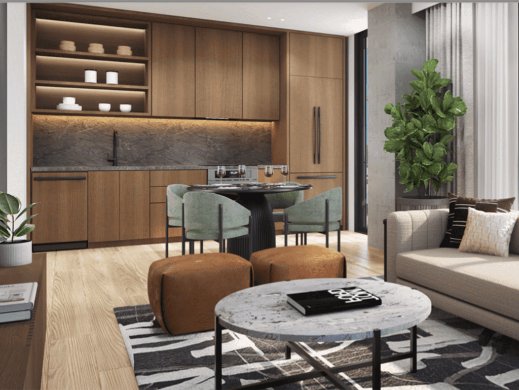 Contemporary Fort Lauderdale interior with open-plan kitchen and comfortable lounge space.