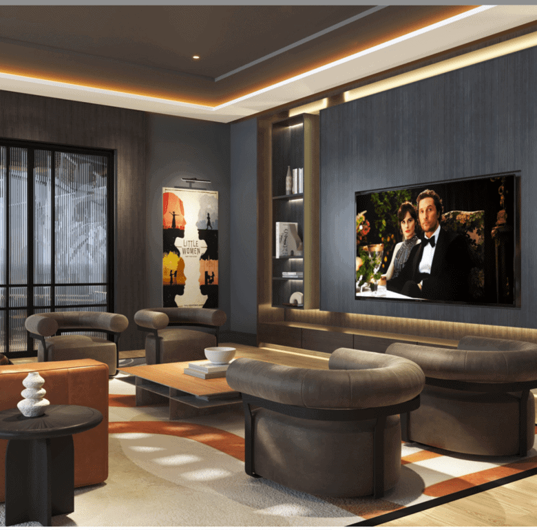 Luxury living room with contemporary furniture and a flat-screen TV.