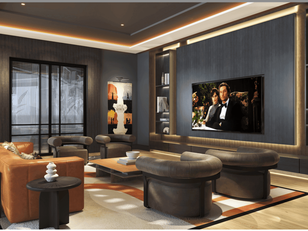 Luxury living room with contemporary furniture and a flat-screen TV.