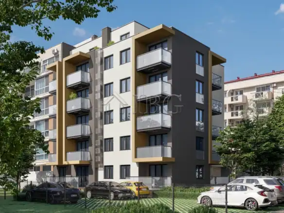 Contemporary boutique residential building in Sunny Beach with balconies and green surroundings.