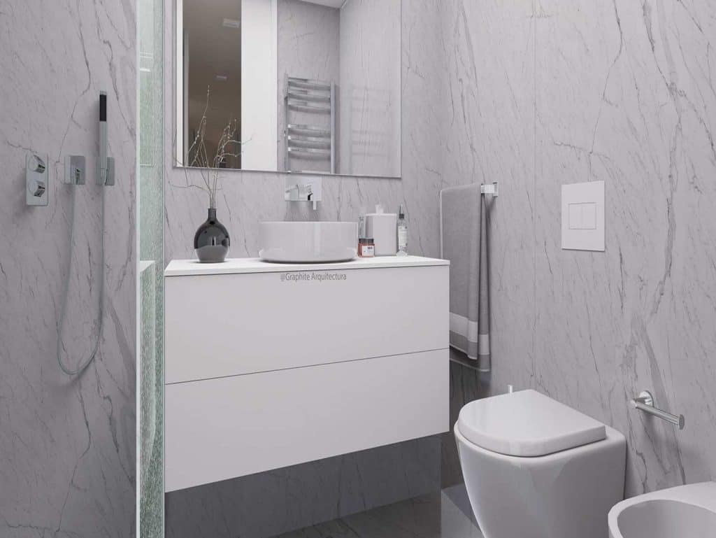Bathroom with contemporary design, marble walls, and modern amenities in Viana do Castelo, Portugal.