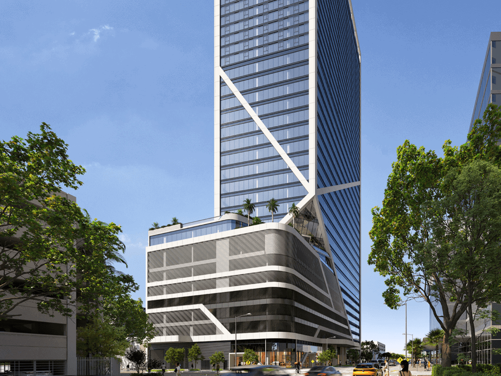 Miami Modern High-Rise Building with Green Rooftop Modern Miami skyscraper with sleek glass facade and rooftop greenery.