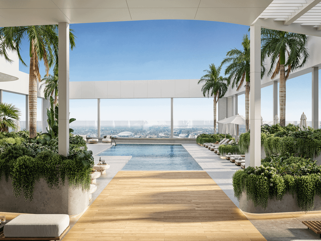 Luxury Miami residence with pool and ocean view Luxury Miami residence with pool and ocean view, surrounded by palm trees and modern architecture.