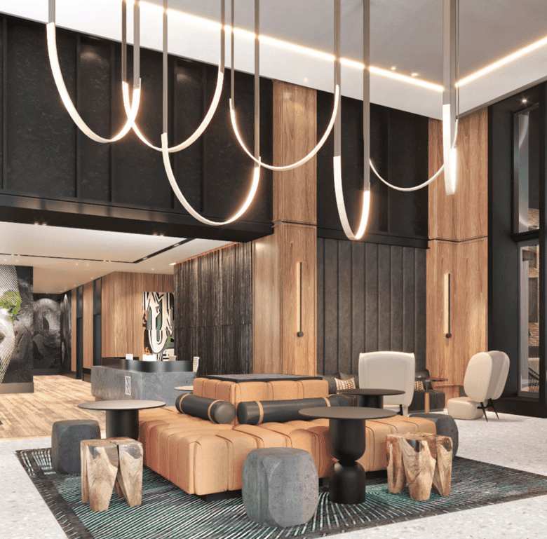 Modern hotel lobby with stylish furniture and contemporary lighting in Fort Lauderdale, USA.