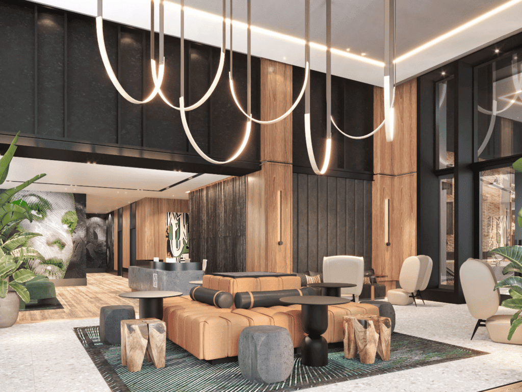 Modern hotel lobby with stylish furniture and contemporary lighting in Fort Lauderdale, USA.