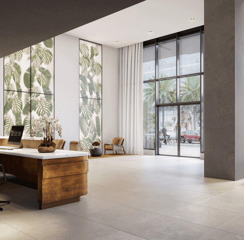 Elegant Miami residence interior with large windows and tropical decor.
