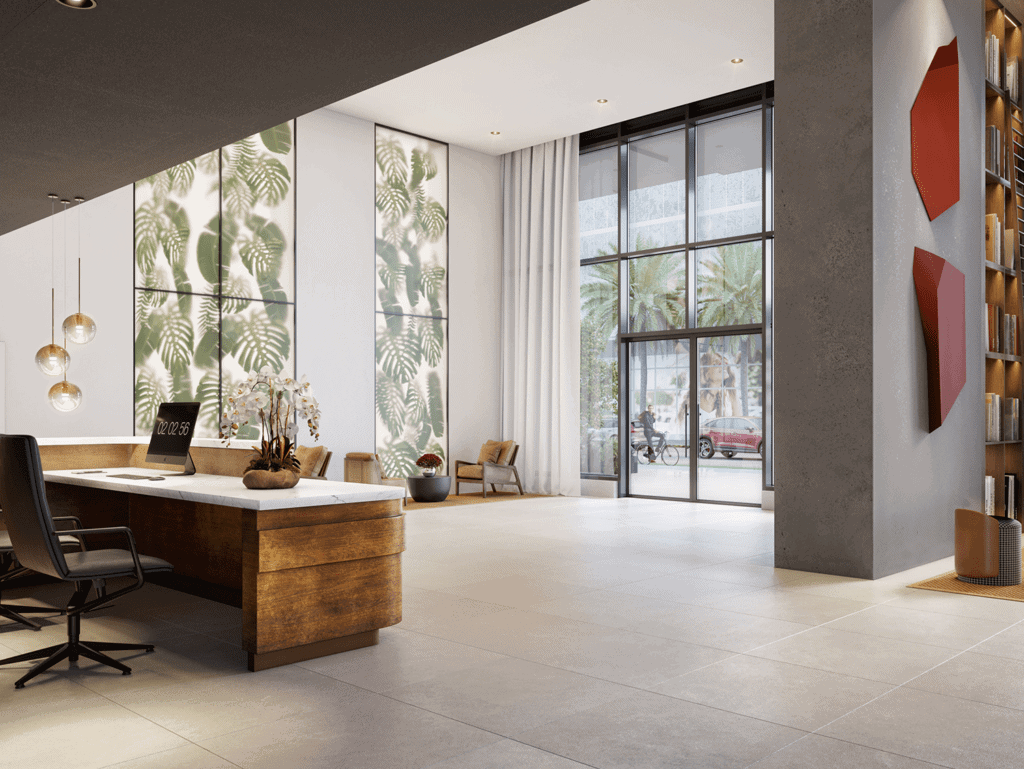Modern Miami residence interior with large windows and stylish decor. Elegant Miami residence interior with large windows and tropical decor.