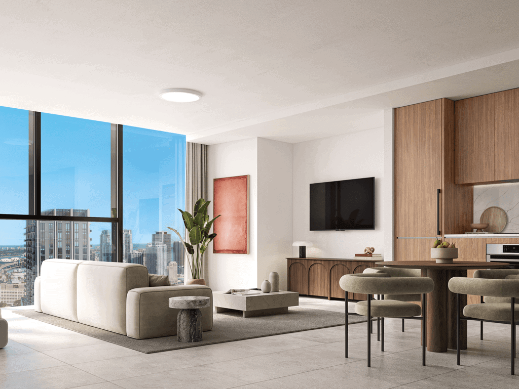 Miami Residences Interior with City View Modern Miami apartment interior with city skyline view and stylish furnishings.