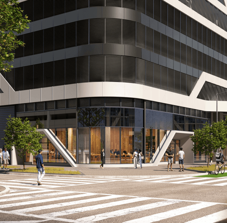 Contemporary Miami building with pedestrians and greenery in front.