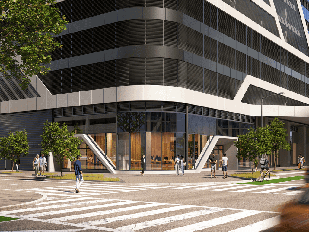 Modern Miami Residences Building Exterior Contemporary Miami building with pedestrians and greenery in front.