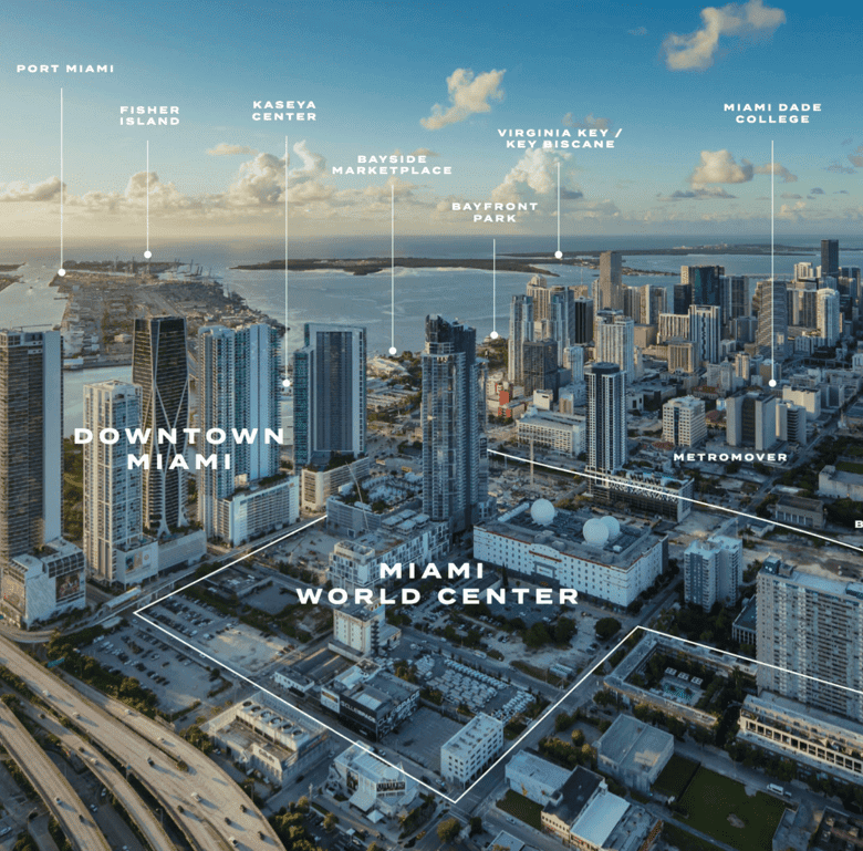 Aerial view of Miami's vibrant skyline featuring downtown skyscrapers, Miami World Center, and nearb.