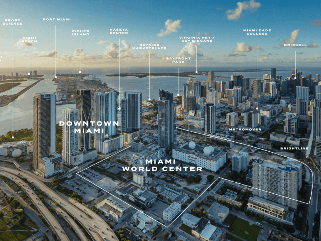 Miami Residences Skyline – Downtown Miami and Miami World Center Aerial view of Miami's vibrant skyline featuring downtown skyscrapers, Miami World Center, and nearb.
